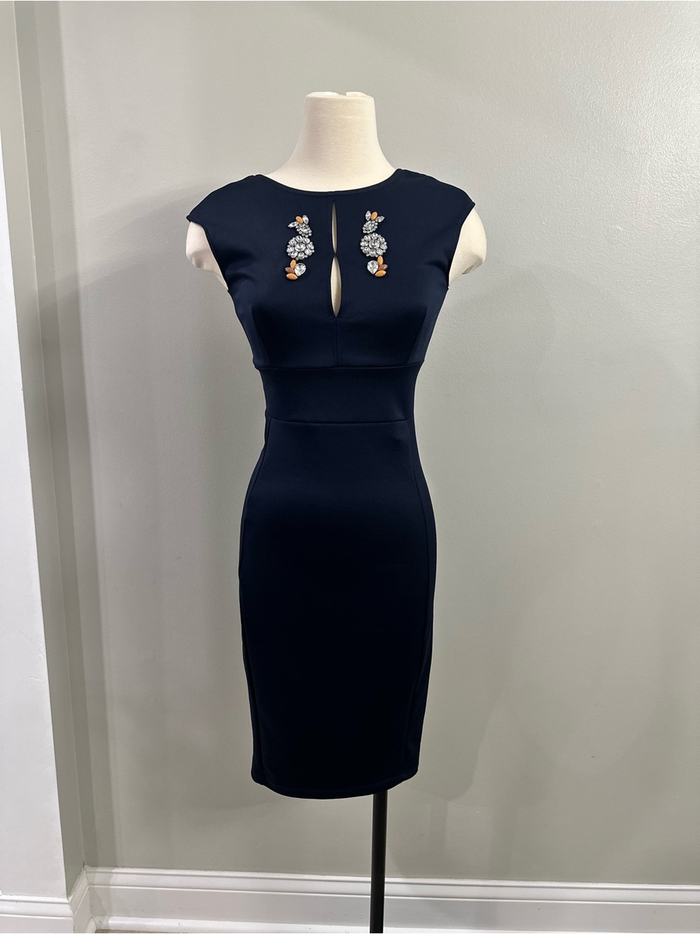 Zara Navy Midi Dress with Jeweled Neckline